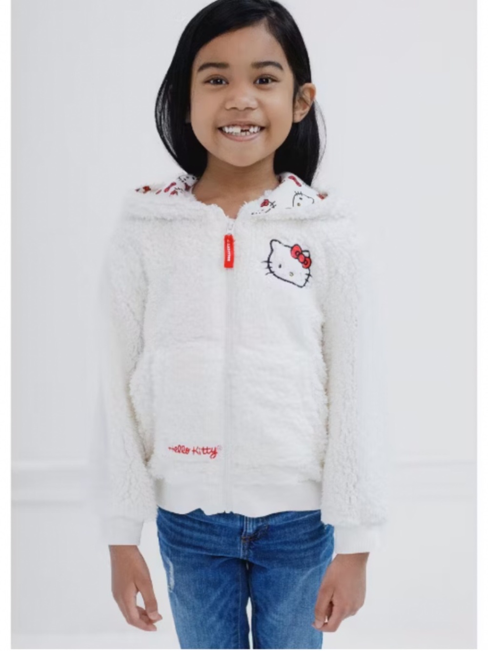 Hello Kitty Fleece Zip Front Embroidered Hooded Sweatshirt in Off White Sz 3T LN